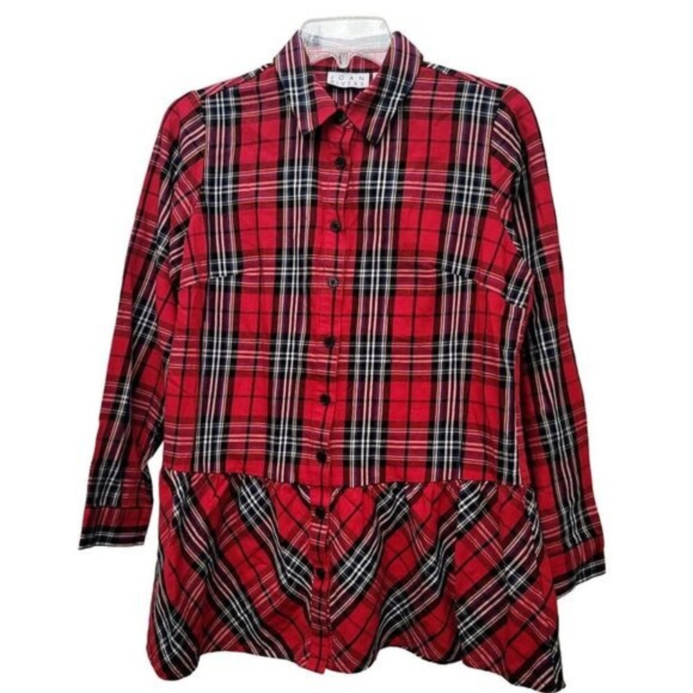 Joan Rivers Women XXS Red Plaid Long Sleeve Peplum Blouse Preppy Academia Office